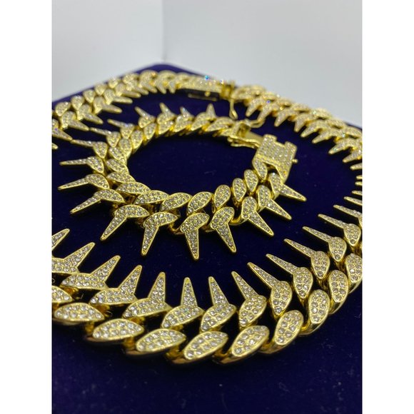 25mm Diamond Iced Out Two Row Spiked Chain Necklace-Bracelet Set - Picture 4 of 4